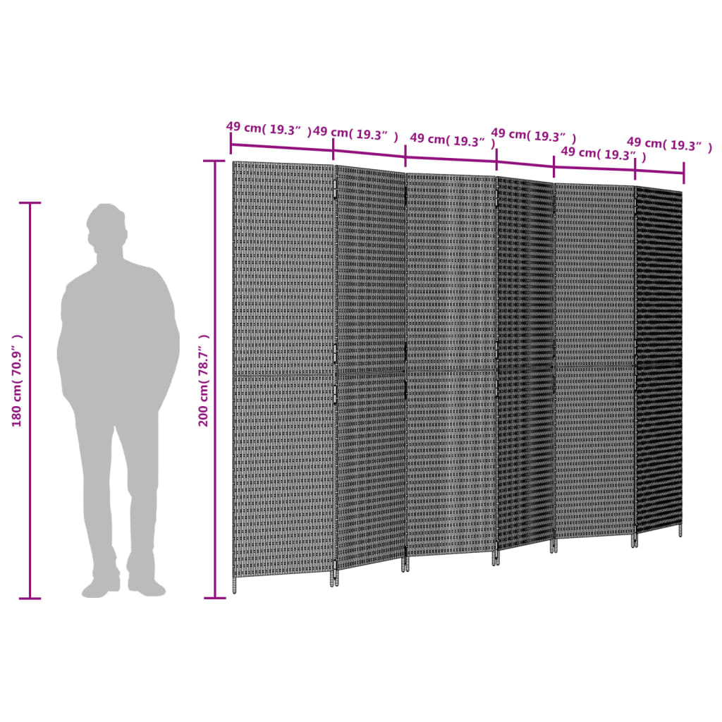 vidaXL Biombo de divisão 6 painéis vime PE cinzento