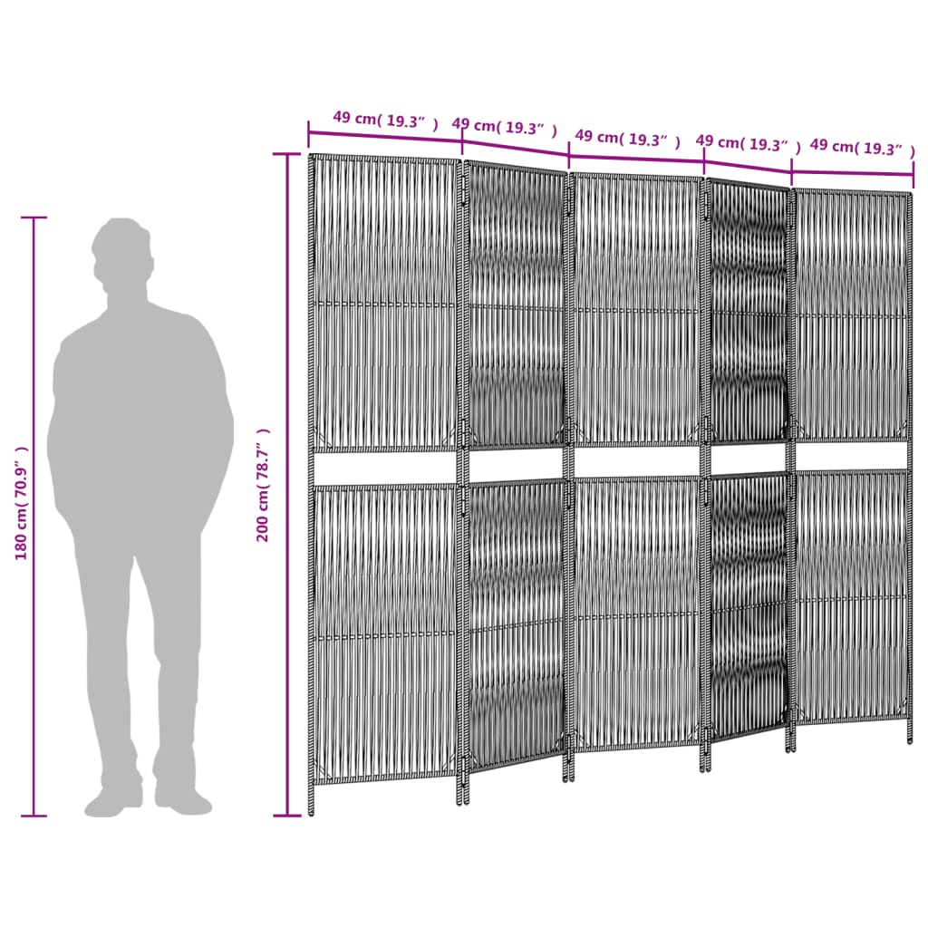 vidaXL Biombo de divisão 5 painéis vime PE cinzento