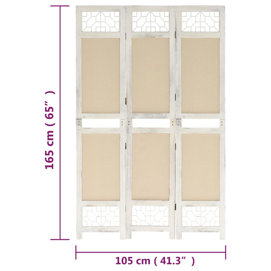 vidaXL Biombo com 3 painéis 105x165 cm tecido cor creme