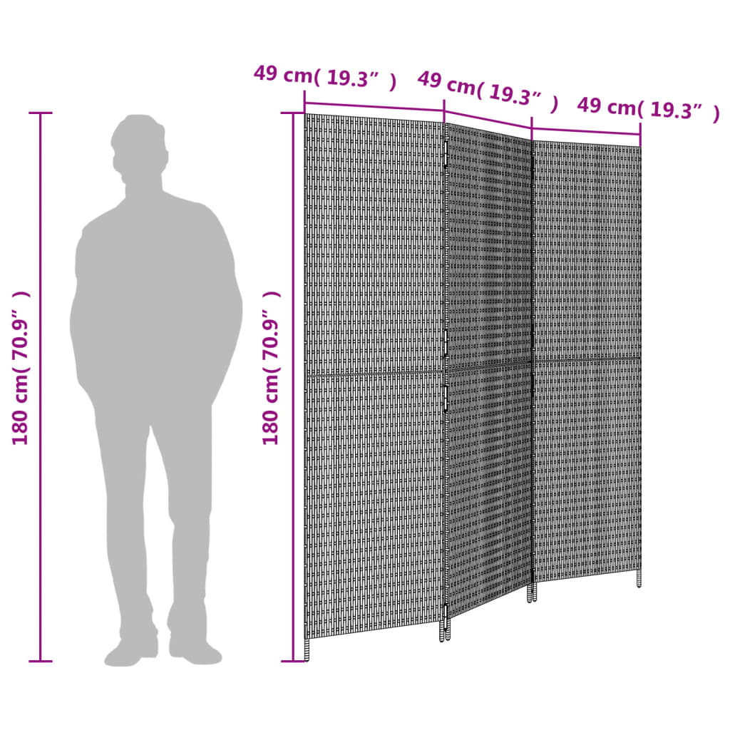 vidaXL Biombo de divisão 3 painéis vime PE preto