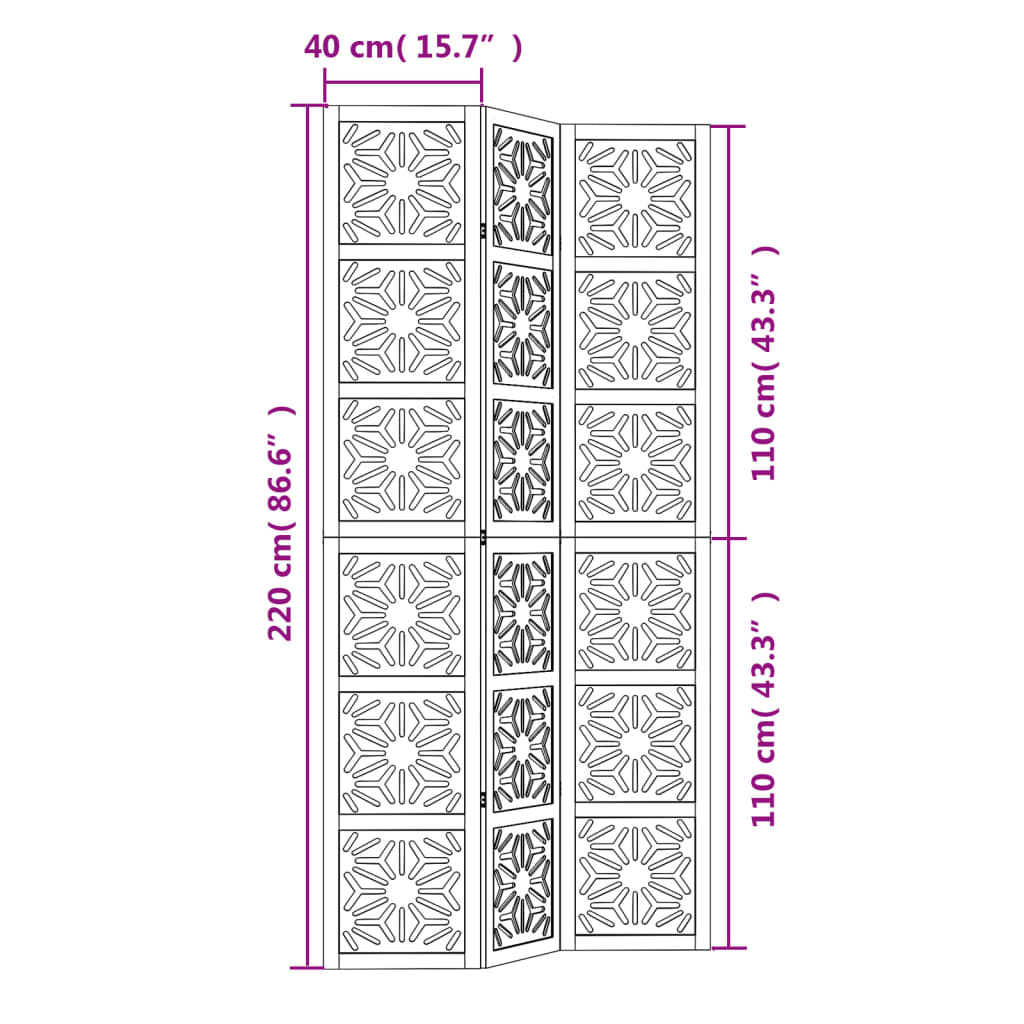vidaXL Biombo c/ 3 painéis madeira de paulownia maciça castanho/preto
