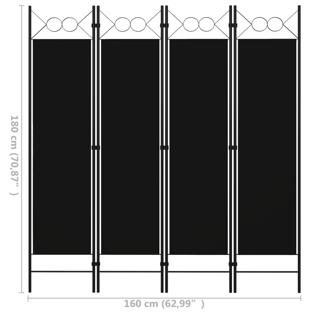 vidaXL Divisória de quarto com 4 painéis 160x180 cm preto