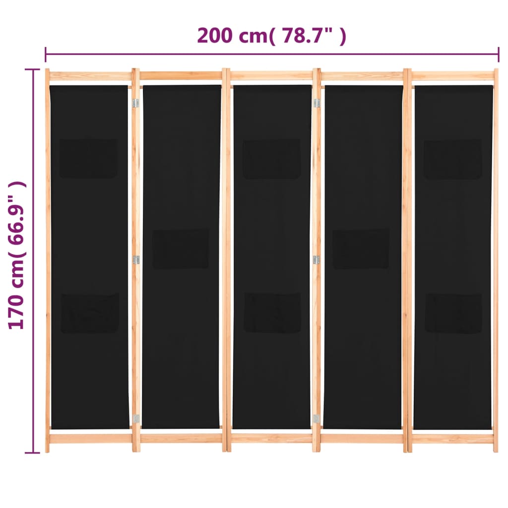 vidaXL Divisória de quarto com 5 painéis 200x170x4 cm tecido preto