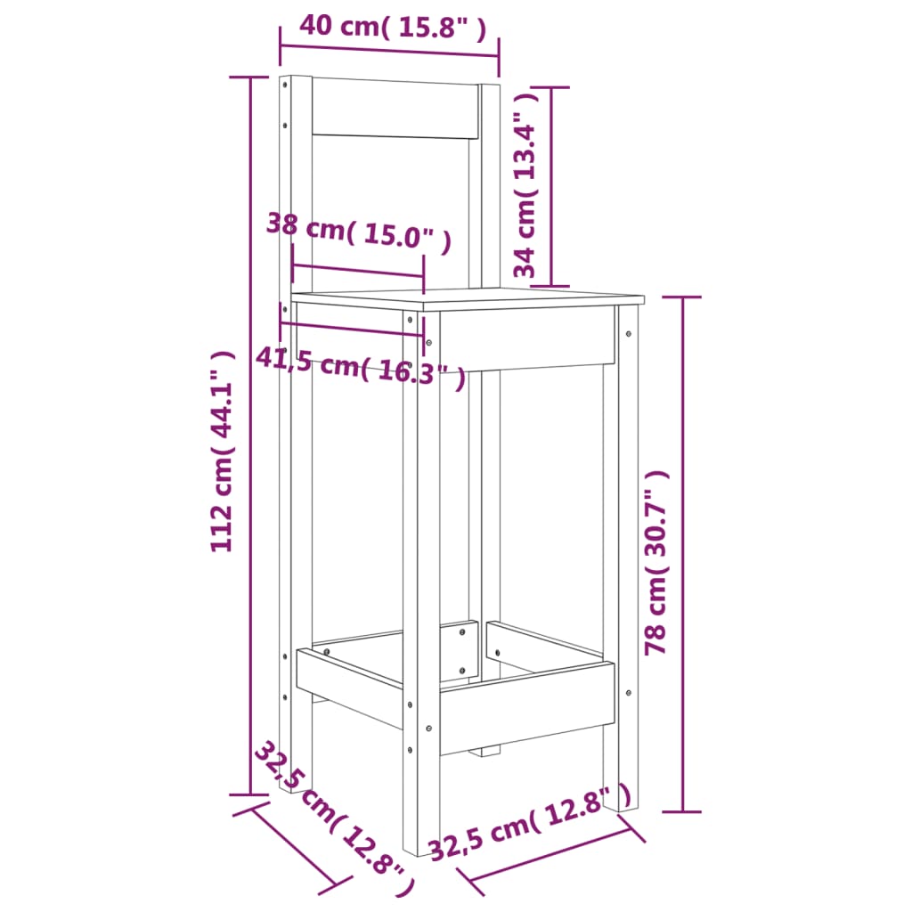 vidaXL Cadeiras de bar 2 pcs 40x41,5x112 cm madeira de pinho maciça