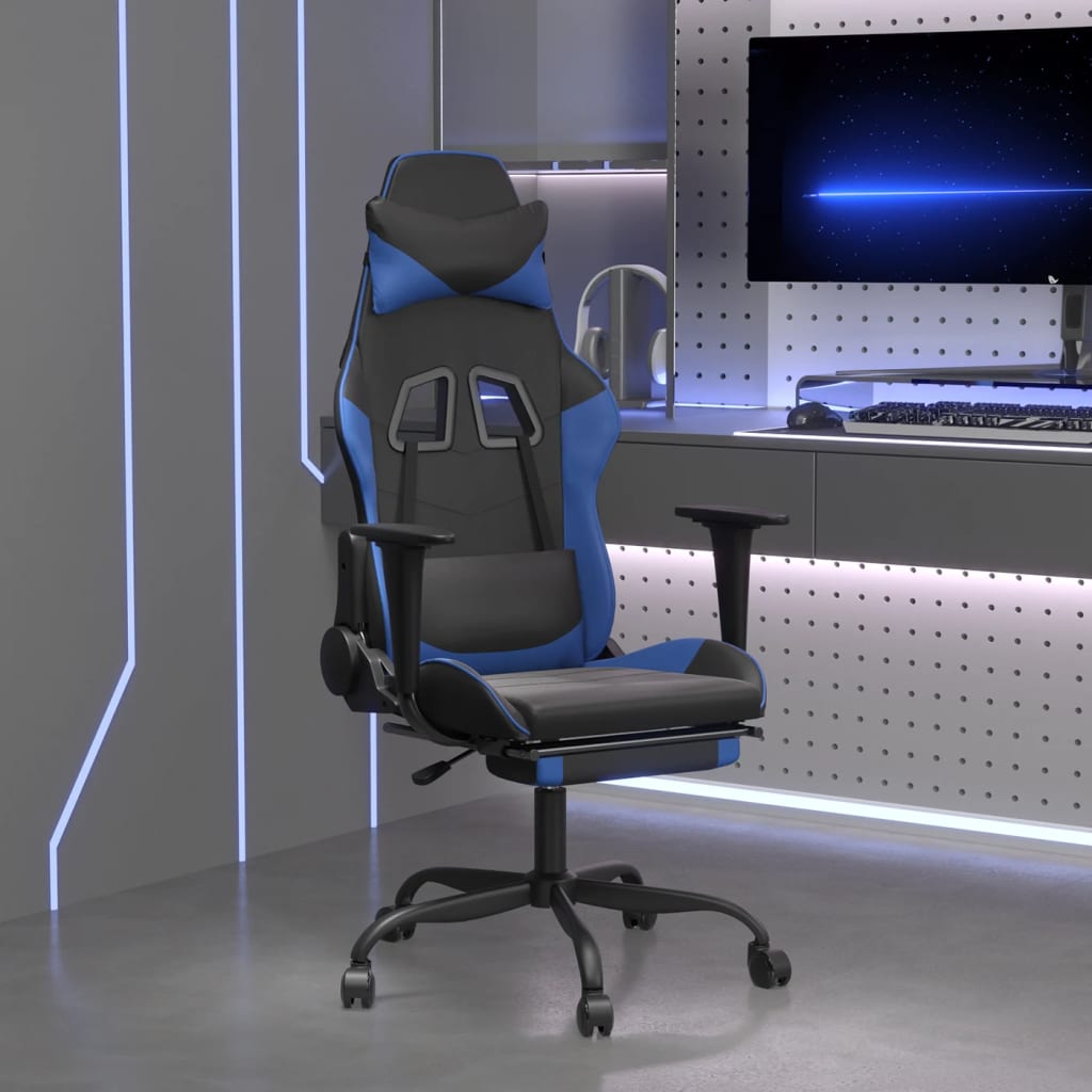 vidaXL Cadeira gaming massagens c/ apoio pés couro artif. preto/azul