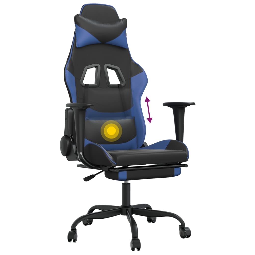 vidaXL Cadeira gaming massagens c/ apoio pés couro artif. preto/azul