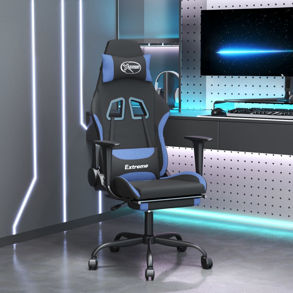 vidaxL Cadeira de gaming com apoio de pés tecido preto e azul