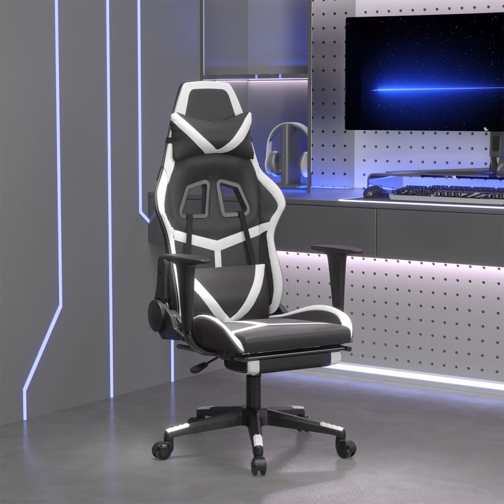 vidaXL Cadeira gaming massagens c/ apoio pés couro artif. preto/branco