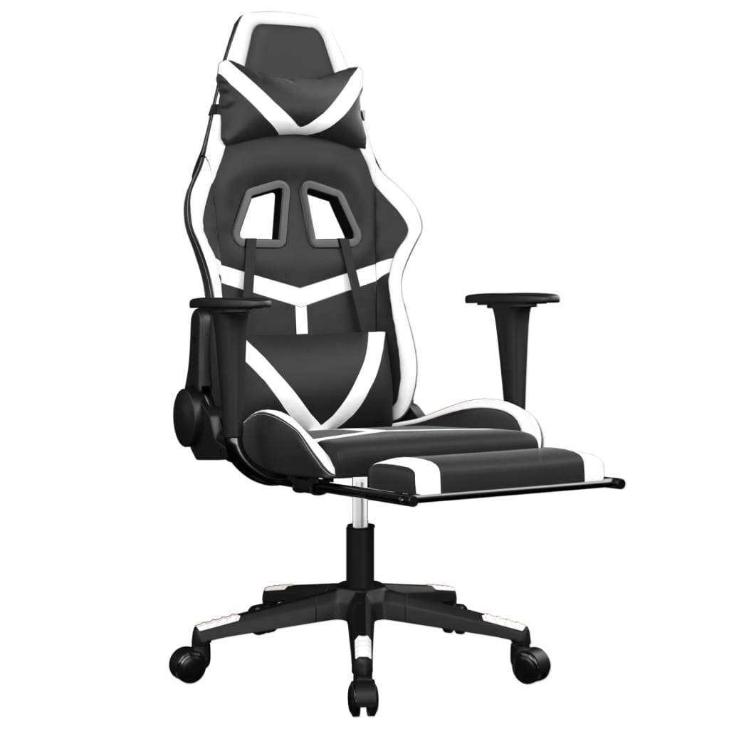 vidaXL Cadeira gaming massagens c/ apoio pés couro artif. preto/branco