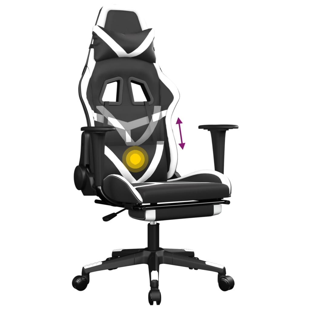 vidaXL Cadeira gaming massagens c/ apoio pés couro artif. preto/branco