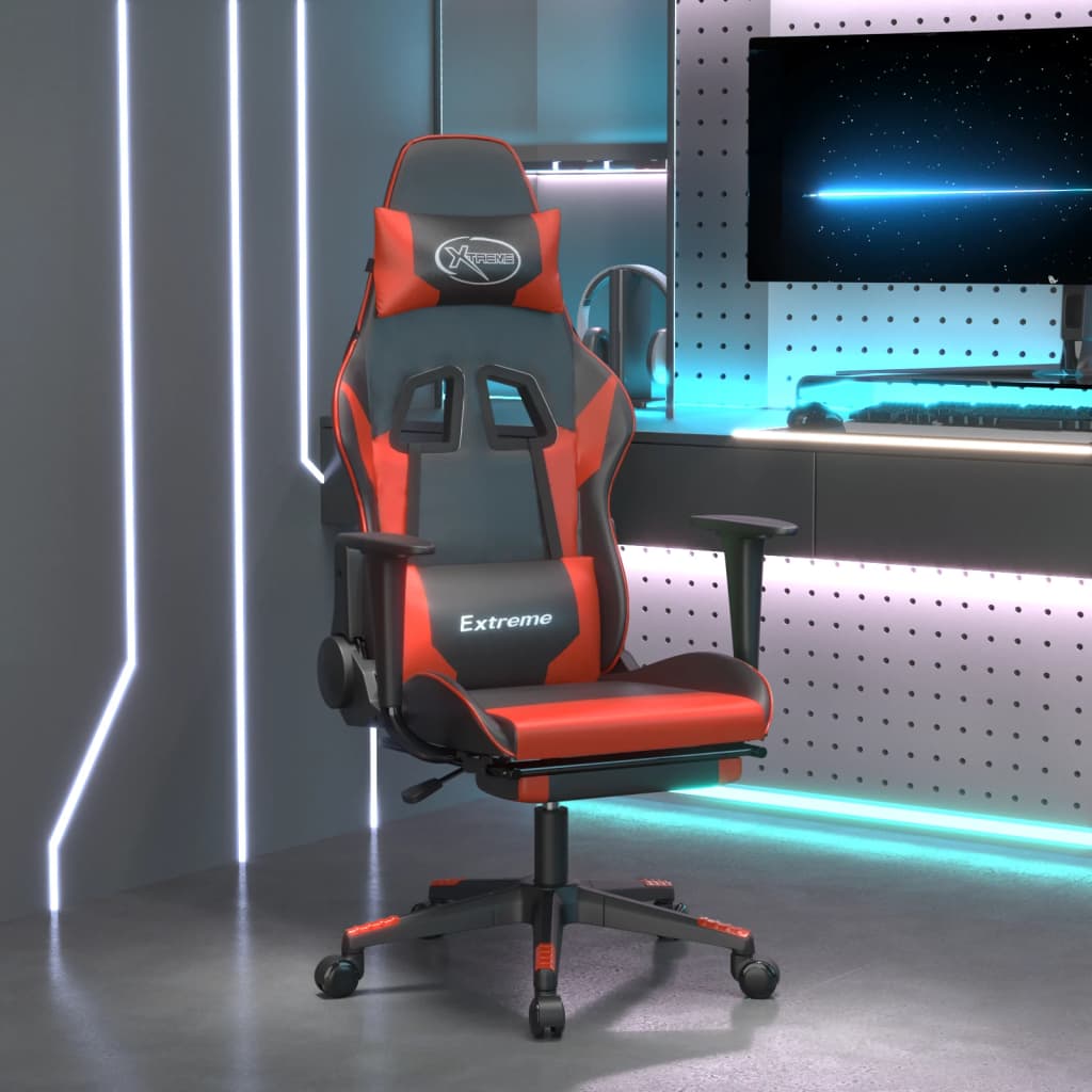 vidaXL Cadeira gaming massagem + apoio pés couro artif. preto/vermelho