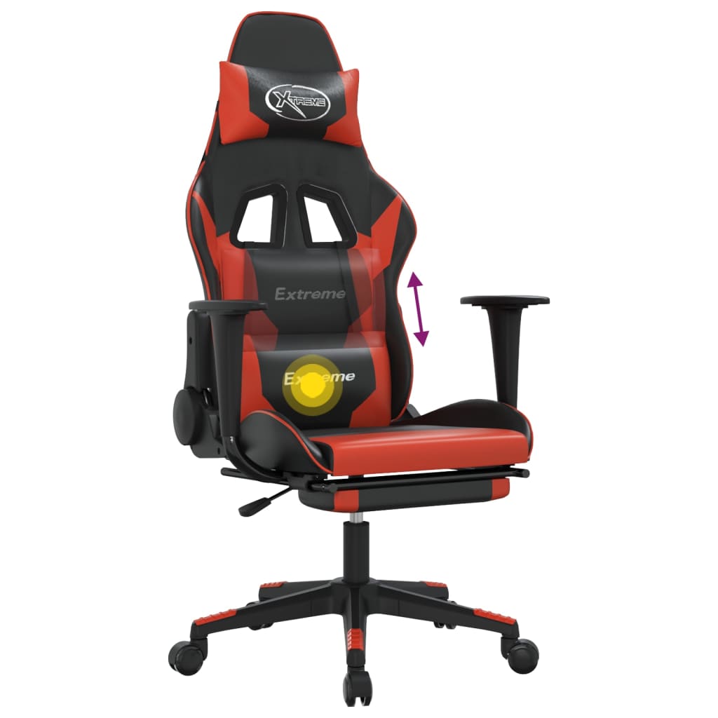 vidaXL Cadeira gaming massagem + apoio pés couro artif. preto/vermelho