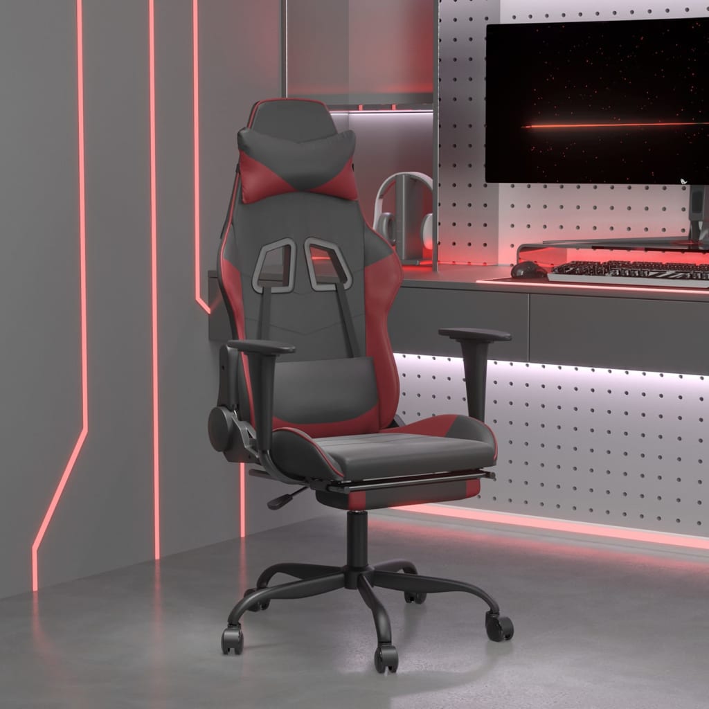 vidaXL Cadeira gaming massagem + apoio couro art. preto/vermelho tinto