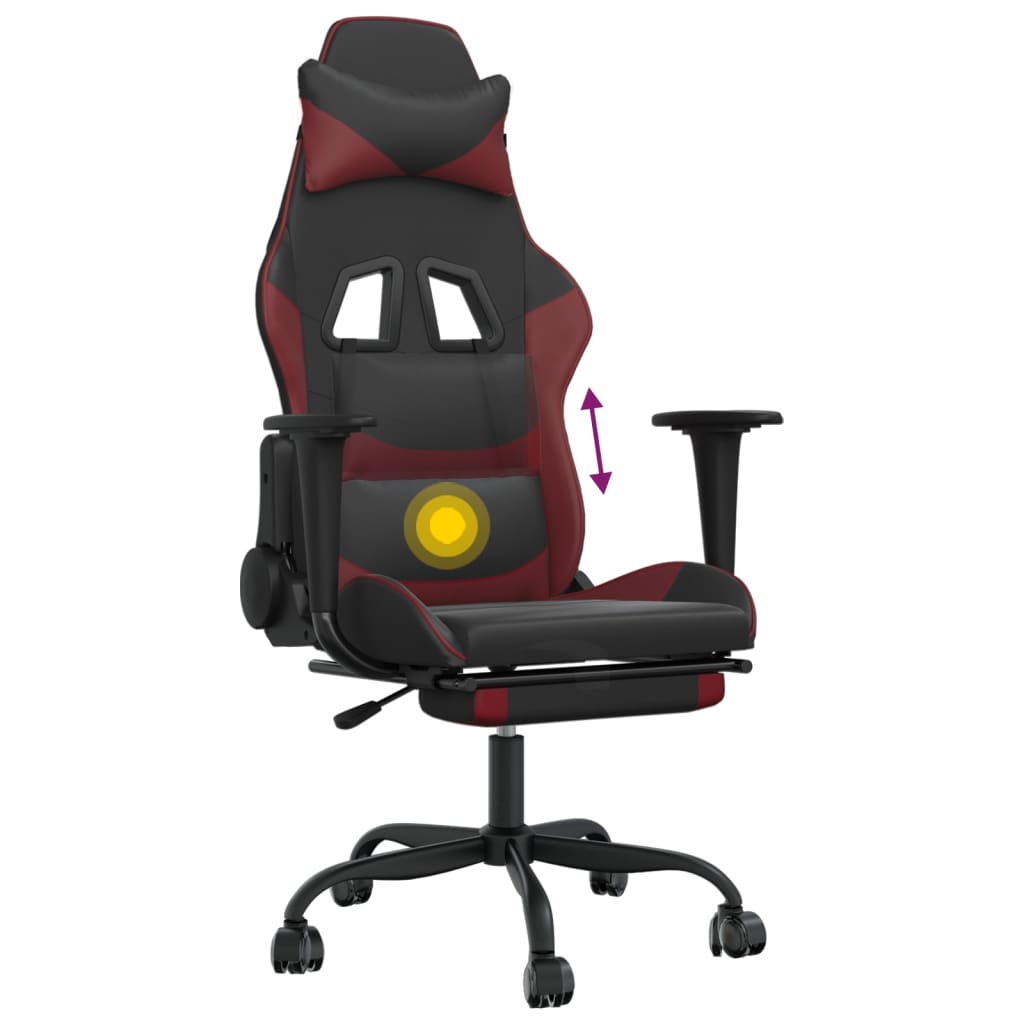 vidaXL Cadeira gaming massagem + apoio couro art. preto/vermelho tinto