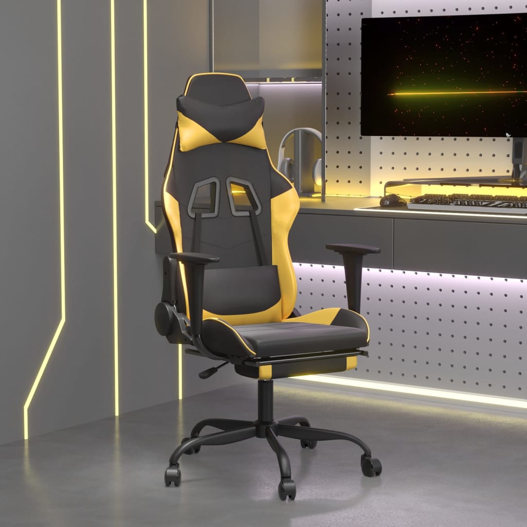 vidaXL Cadeira gaming massagens c/ apoio pés couro artif. Ouro/Preto