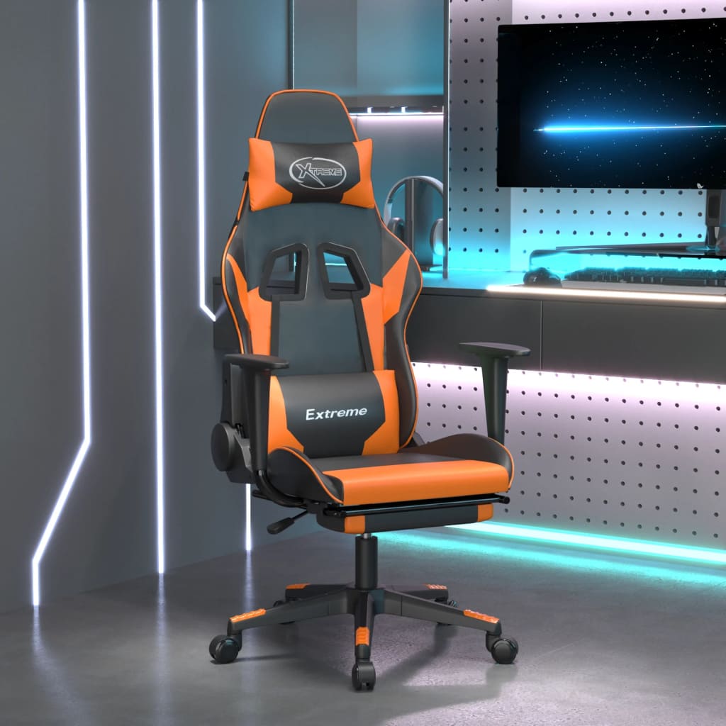 vidaXL Cadeira gaming c/ apoio p/ pés couro artificial preto e laranja