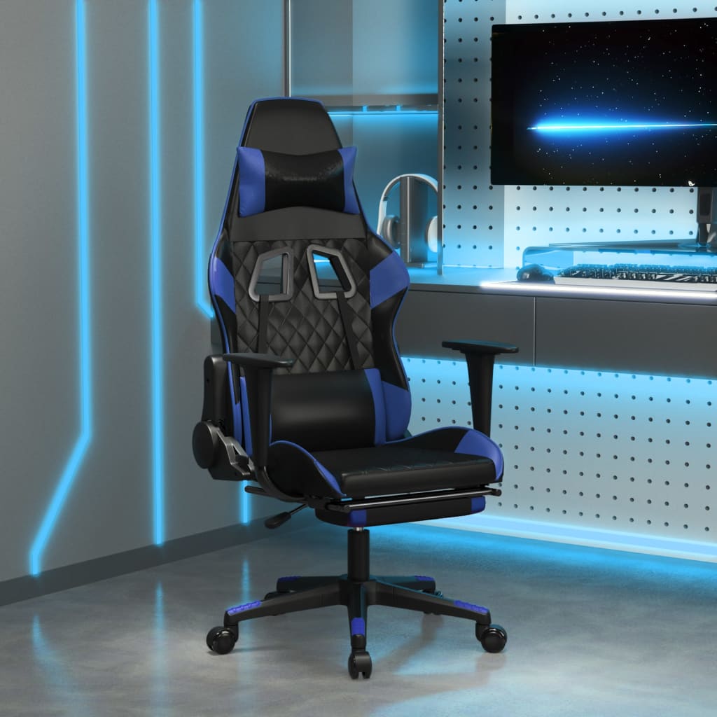 vidaXL Cadeira gaming c/ apoio para pés couro artificial preto e azul