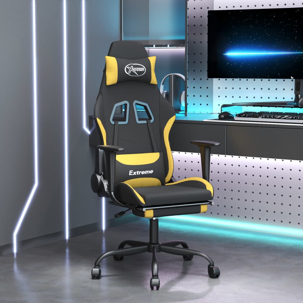 vidaxL Cadeira de gaming com apoio para os pés tecido preto e amarelo