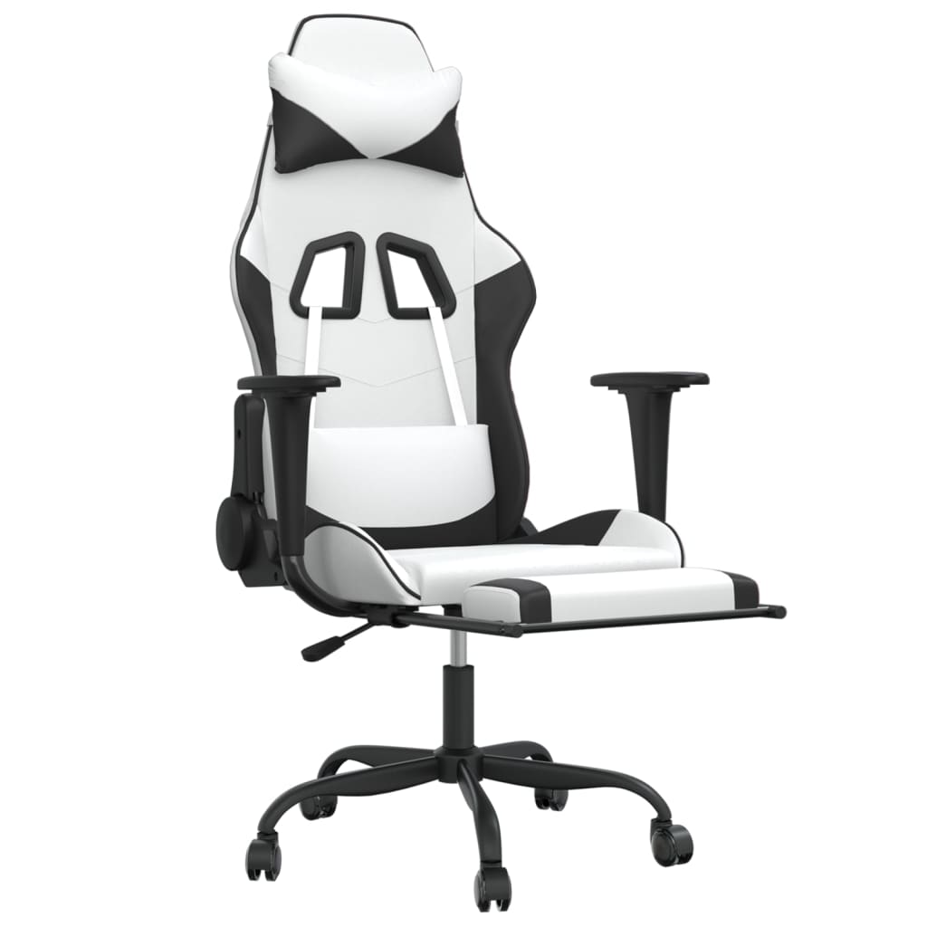 vidaXL Cadeira gaming c/ apoio p/ pés couro artificial preto e branco