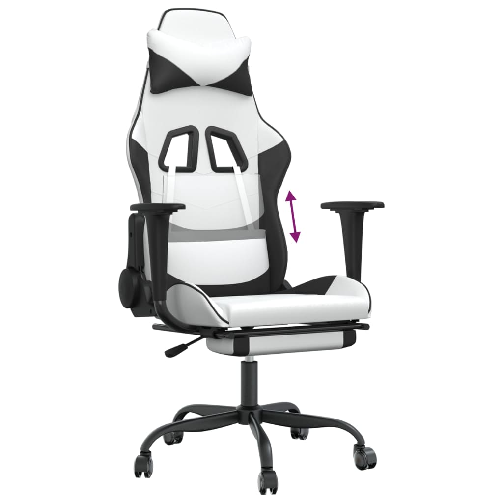 vidaXL Cadeira gaming c/ apoio p/ pés couro artificial preto e branco