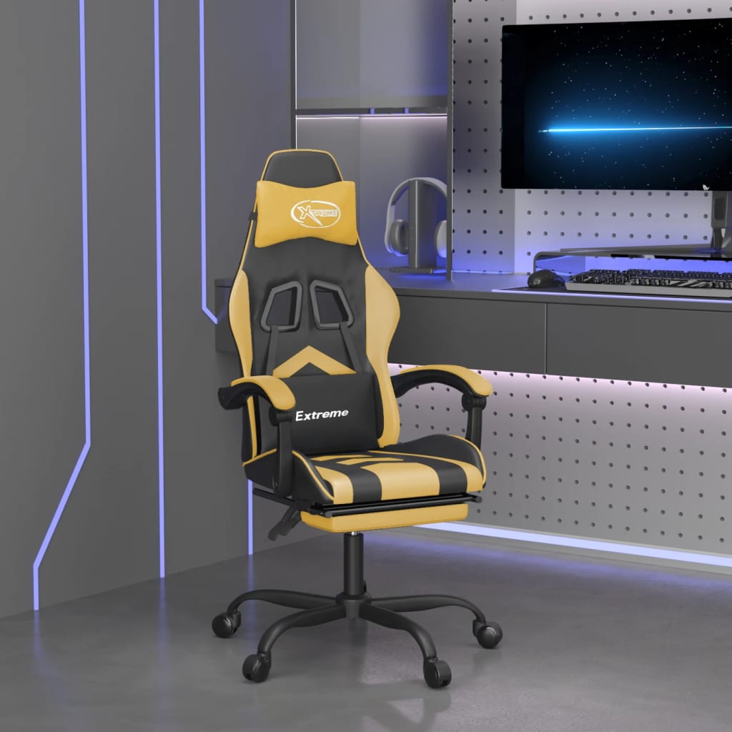 vidaXL Cadeira gaming c/ apoio pés couro artificial preto e dourado