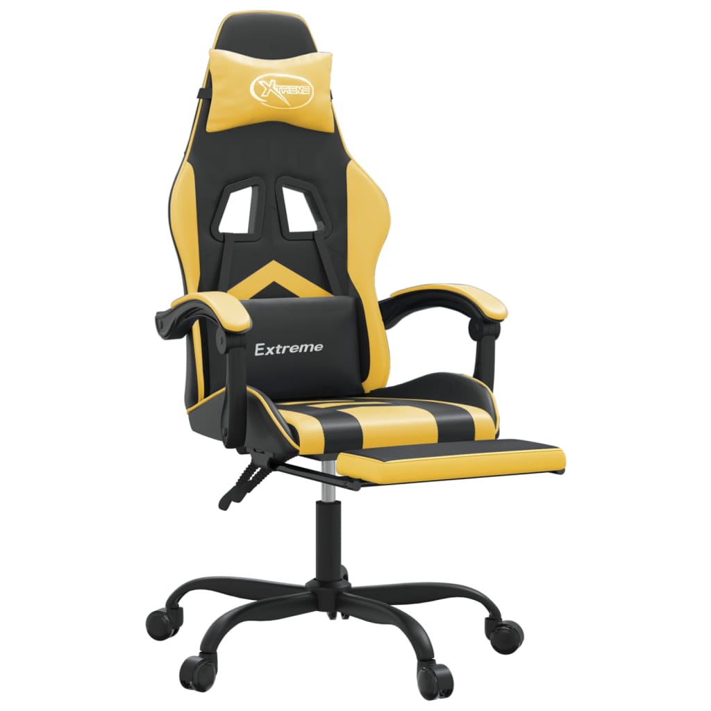 vidaXL Cadeira gaming c/ apoio pés couro artificial preto e dourado