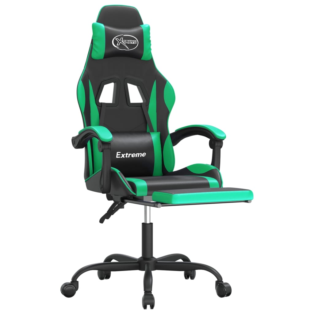 vidaXL Cadeira gaming giratória c/ apoio pés couro artif. preto/verde