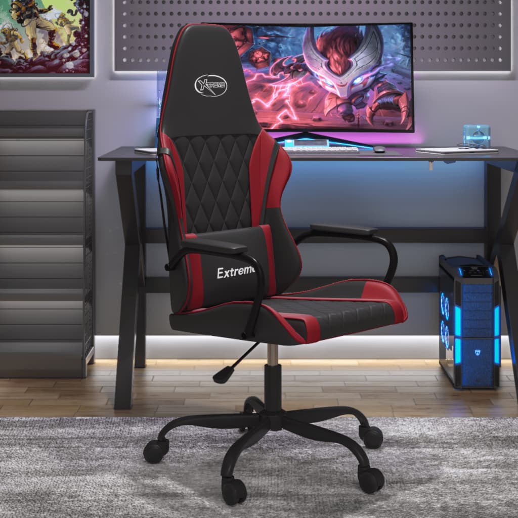 vidaXL Cadeira gaming massagens couro artificial preto/vermelho tinto