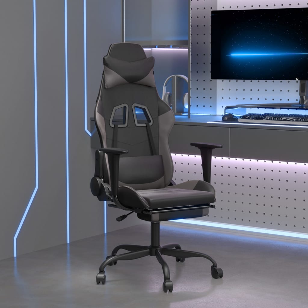 vidaXL Cadeira gaming massagens c/ apoio pés couro artif. preto/cinza