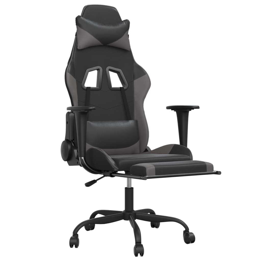 vidaXL Cadeira gaming massagens c/ apoio pés couro artif. preto/cinza