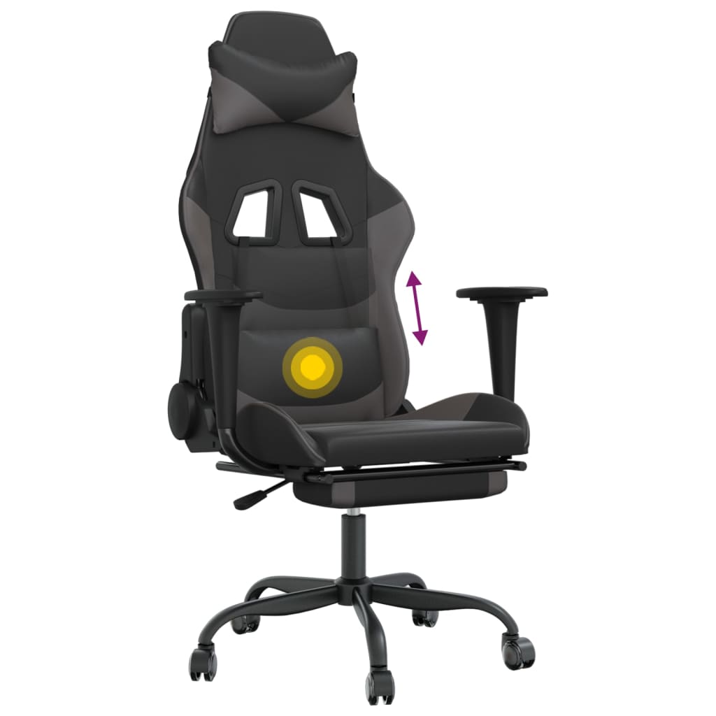 vidaXL Cadeira gaming massagens c/ apoio pés couro artif. preto/cinza