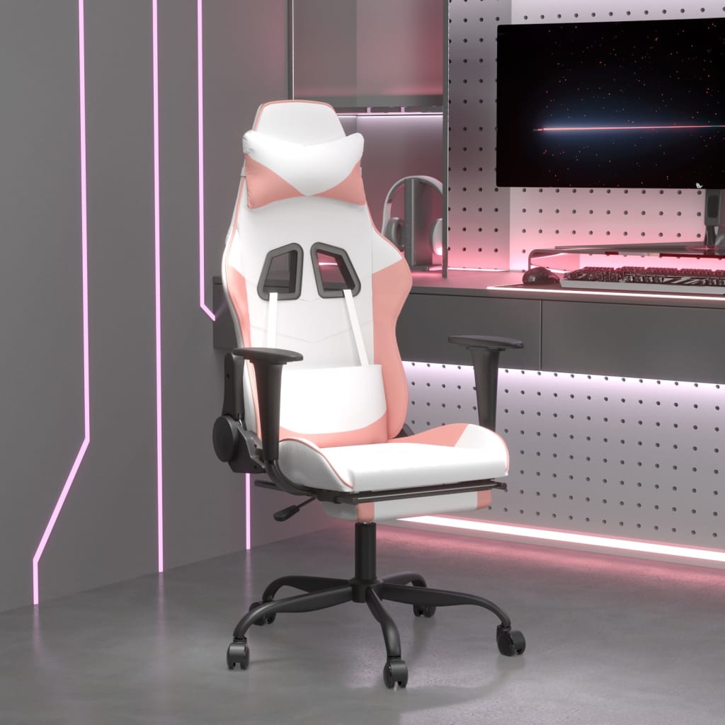 vidaXL Cadeira gaming massagens c/ apoio pés couro artif. branco/rosa