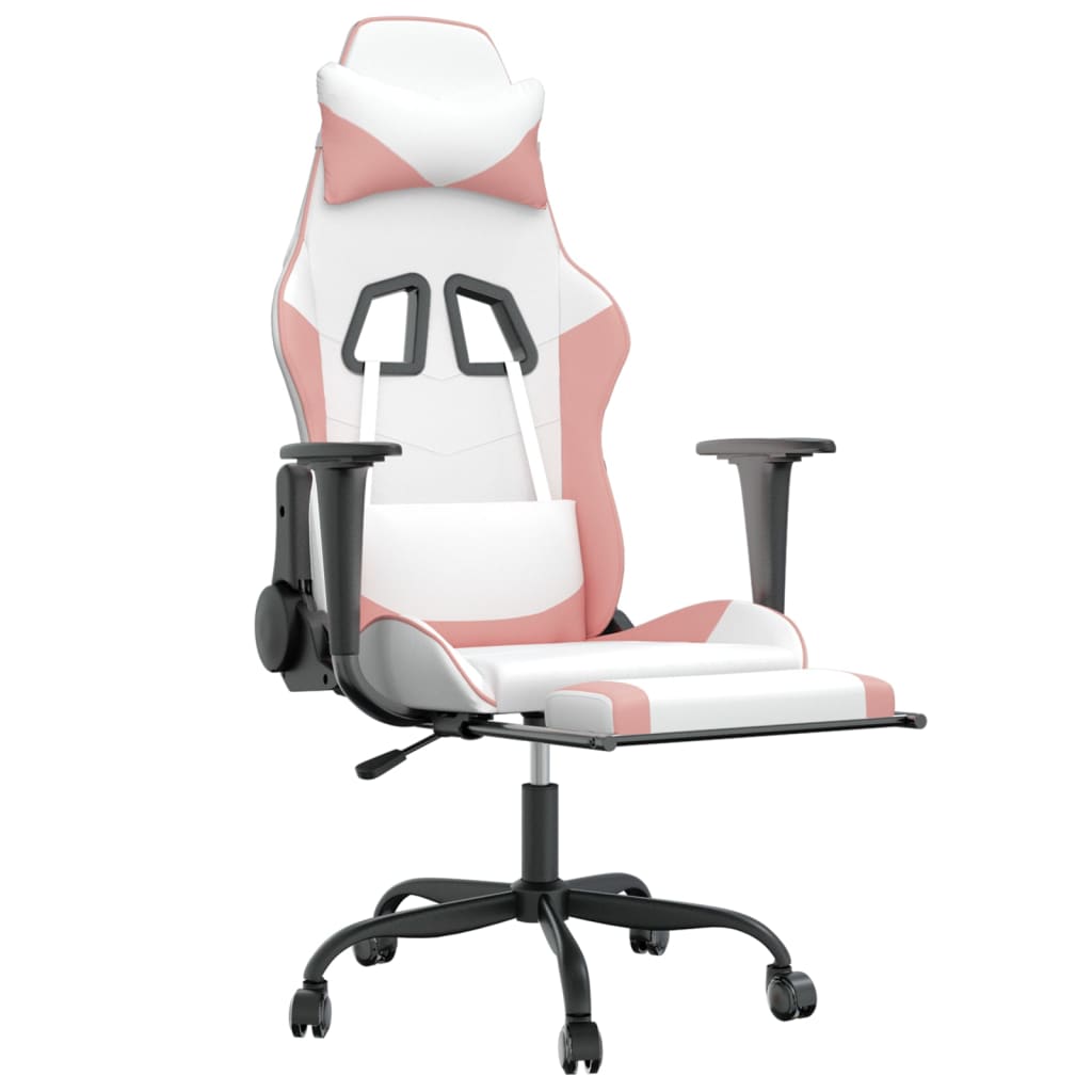 vidaXL Cadeira gaming massagens c/ apoio pés couro artif. branco/rosa