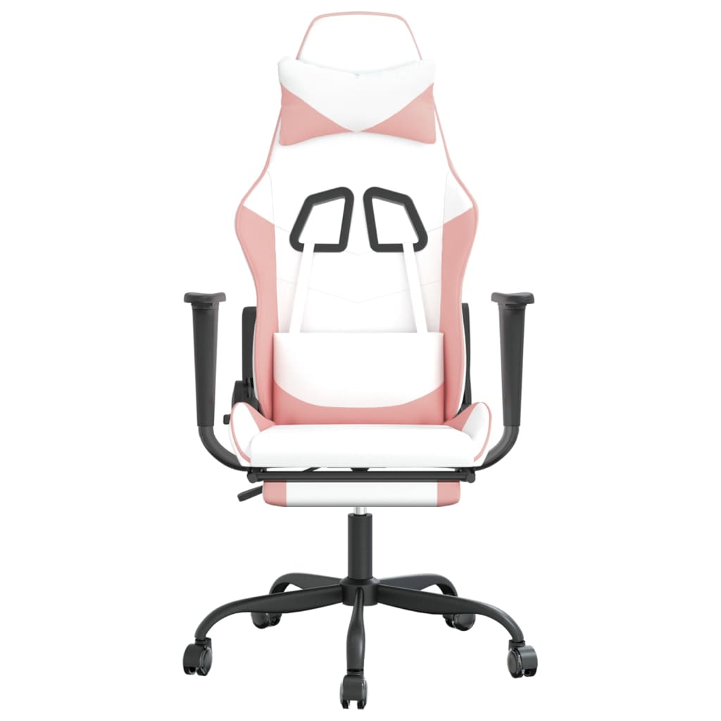 vidaXL Cadeira gaming massagens c/ apoio pés couro artif. branco/rosa