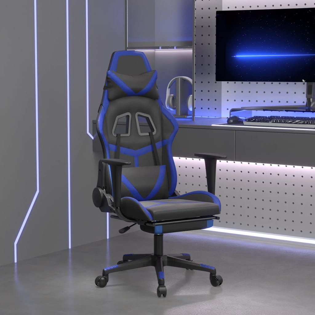 vidaXL Cadeira gaming massagens c/ apoio pés couro artif. preto/azul