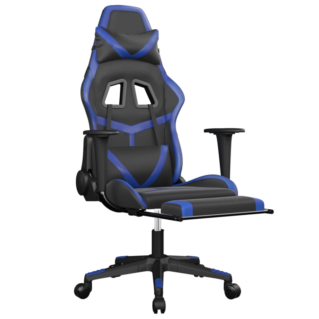 vidaXL Cadeira gaming massagens c/ apoio pés couro artif. preto/azul