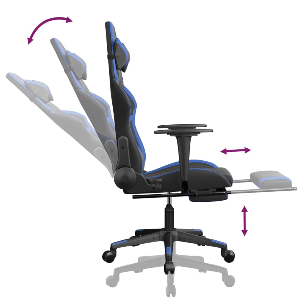 vidaXL Cadeira gaming massagens c/ apoio pés couro artif. preto/azul