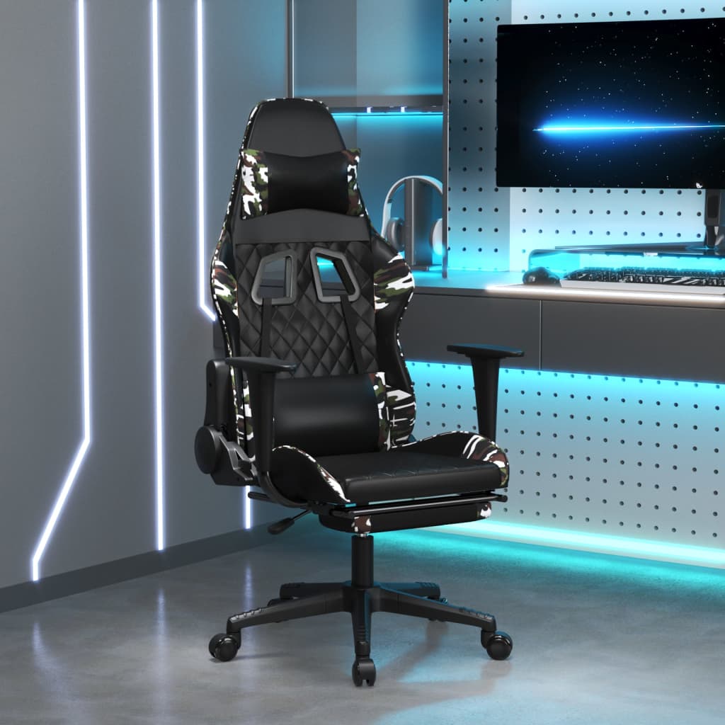 vidaXL Cadeira gaming c/ apoio pés couro artificial preto e camuflado