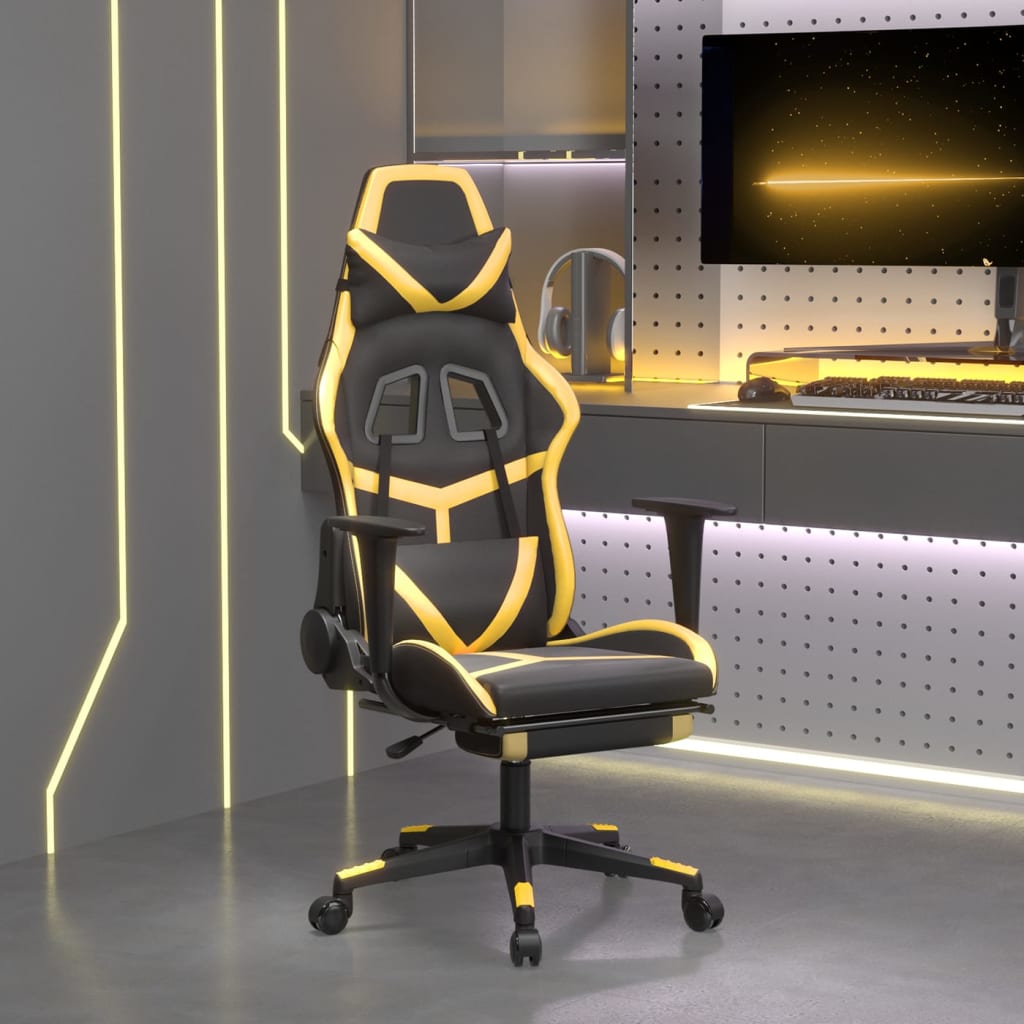 vidaXL Cadeira gaming c/ apoio pés couro artificial preto e dourado