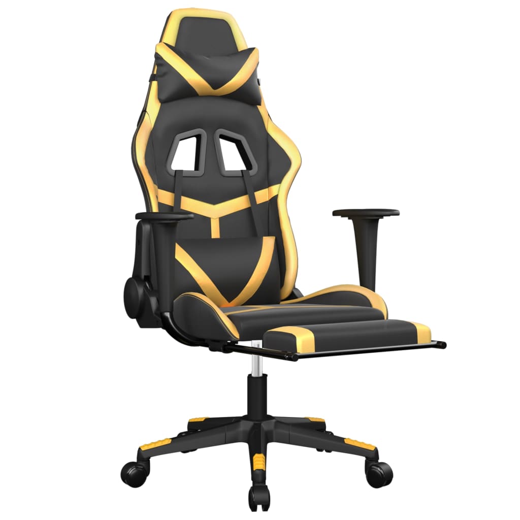 vidaXL Cadeira gaming c/ apoio pés couro artificial preto e dourado