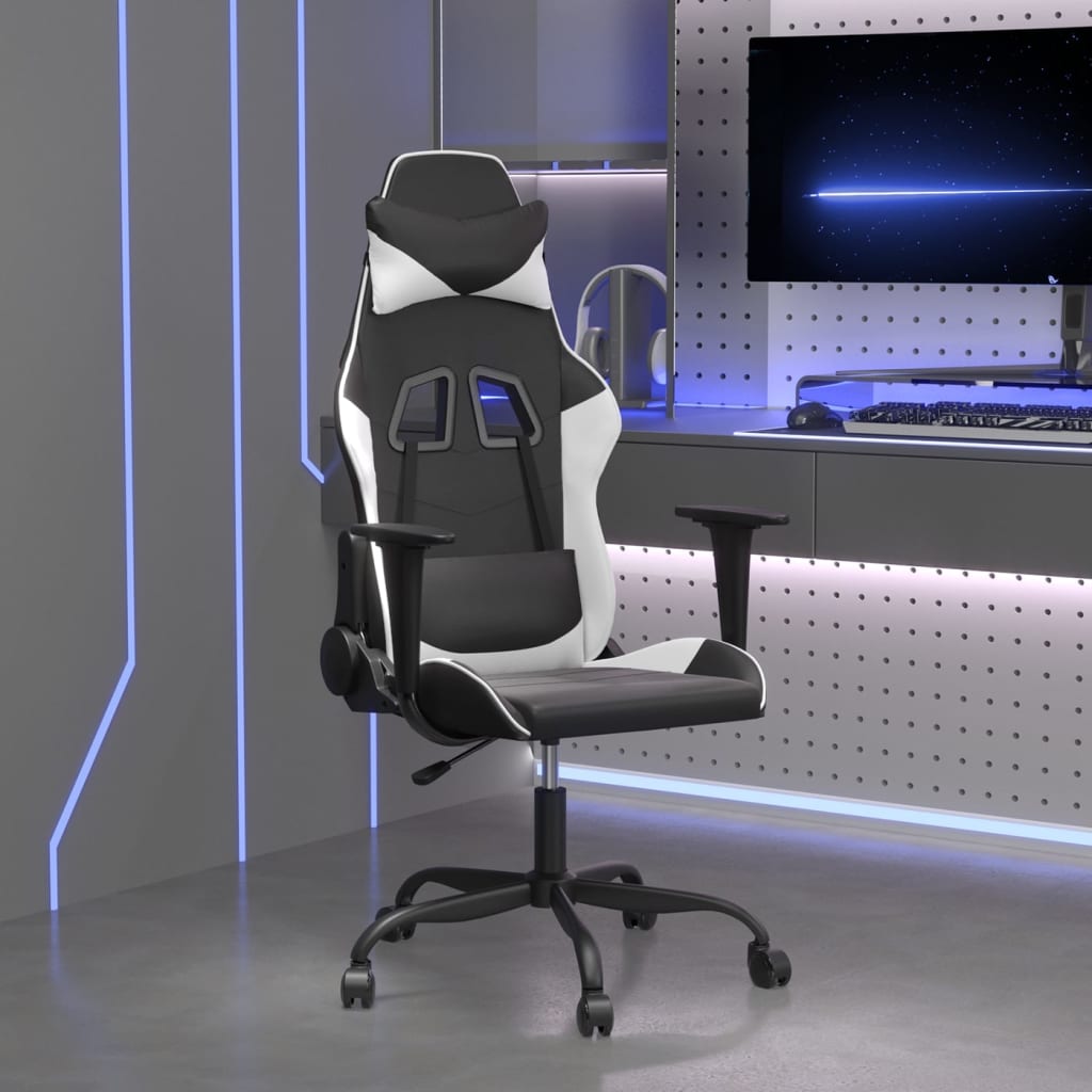 vidaXL Cadeira gaming couro artificial preto e branco