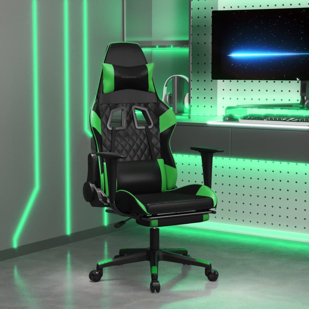 vidaXL Cadeira gaming massagens c/ apoio pés couro artif. preto/verde