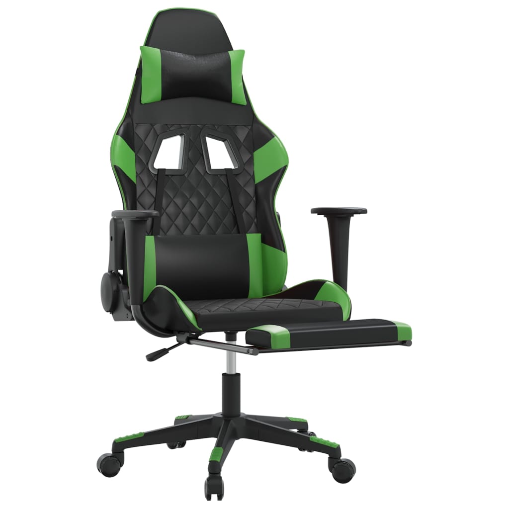 vidaXL Cadeira gaming massagens c/ apoio pés couro artif. preto/verde