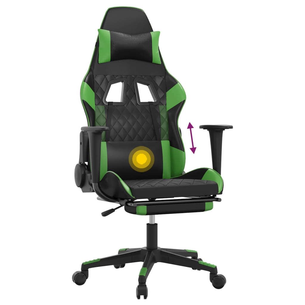 vidaXL Cadeira gaming massagens c/ apoio pés couro artif. preto/verde