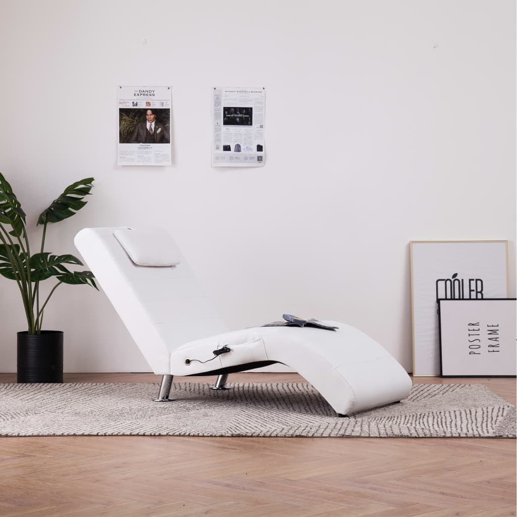 vidaXL Chaise longue de massagem c/ almofada couro artificial branco