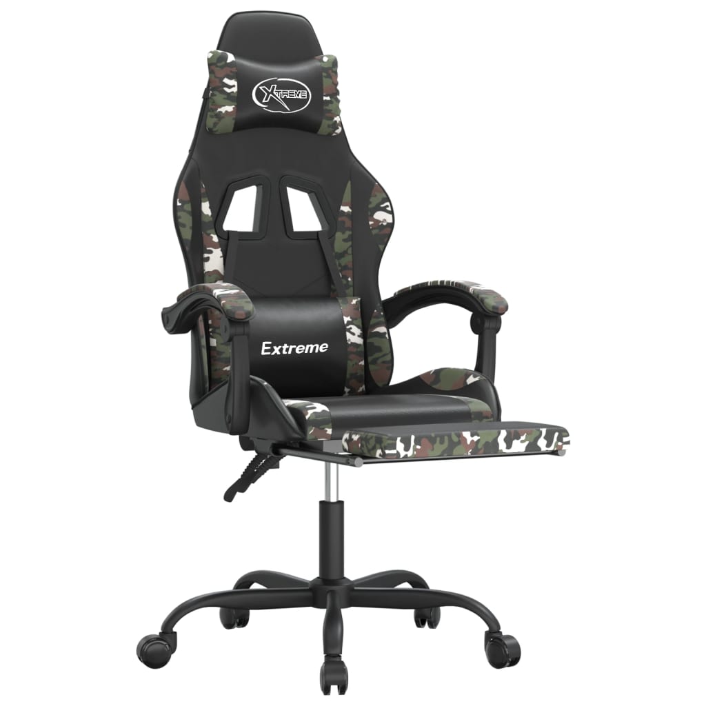 vidaXL Cadeira gaming giratória + apoio pés couro art. preto/camuflado