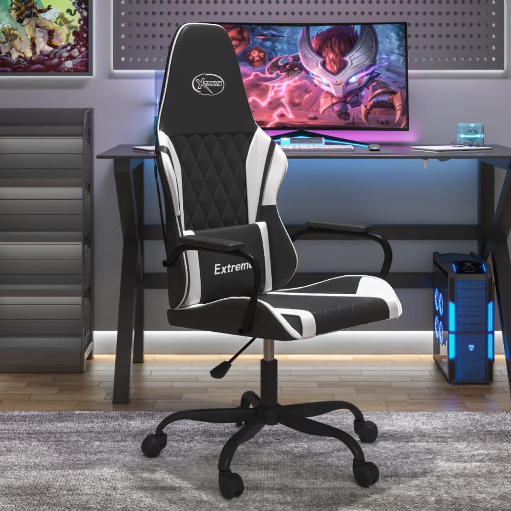 vidaXL Cadeira gaming massagens couro artificial preto e branco