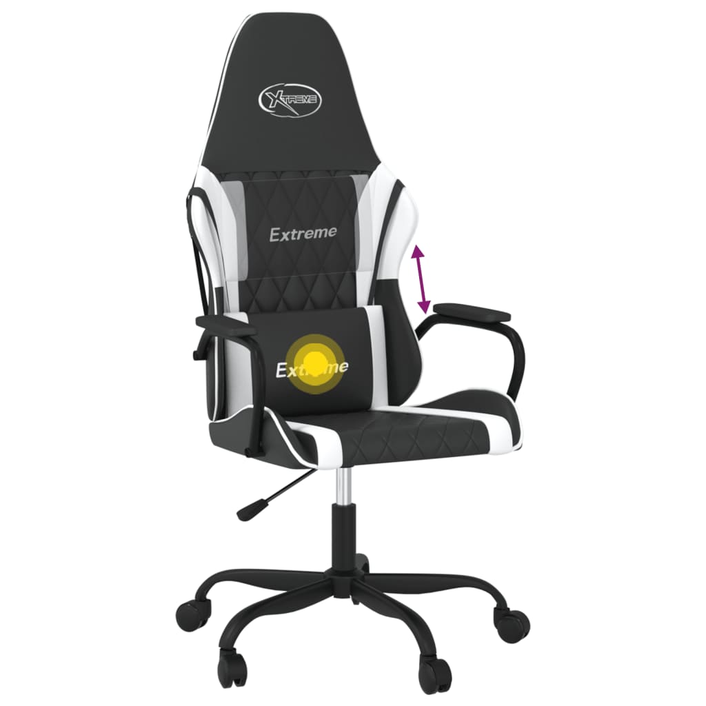 vidaXL Cadeira gaming massagens couro artificial preto e branco