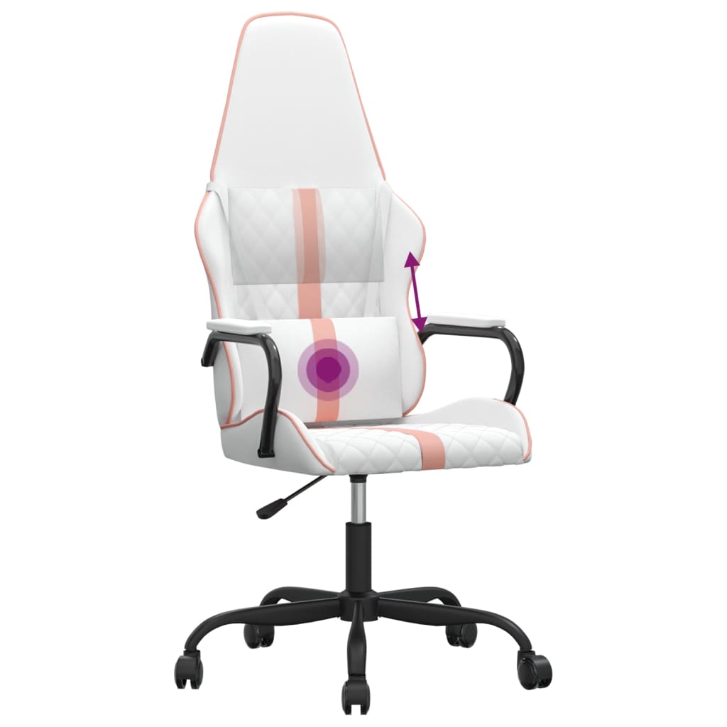 vidaXL Cadeira gaming massagens couro artificial branco e rosa