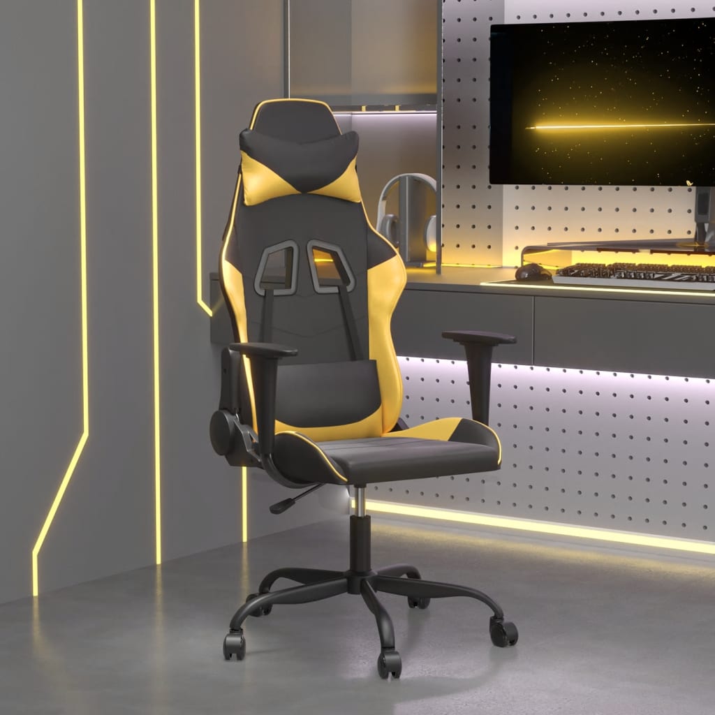 vidaXL Cadeira gaming massagens couro artificial preto e dourado